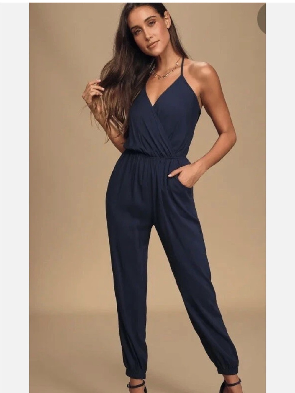 Lulu's Navy Surplice Halter Jumpsuit Size Small